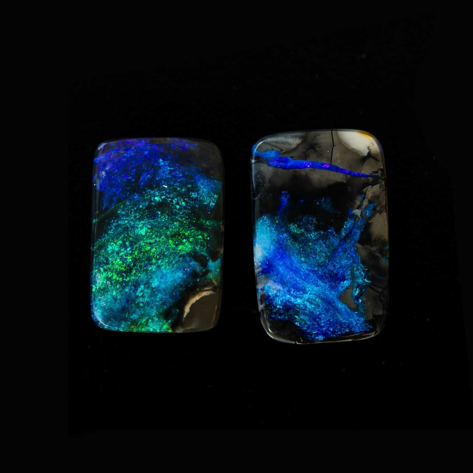 Close-up of Neptune's Reef opal pair showing intense flashes on a dark body tone