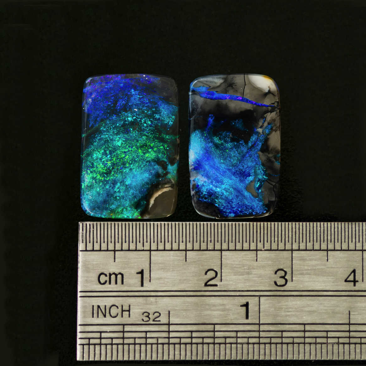 Ethically sourced rectangular opals with striking broadflash patterns and depth