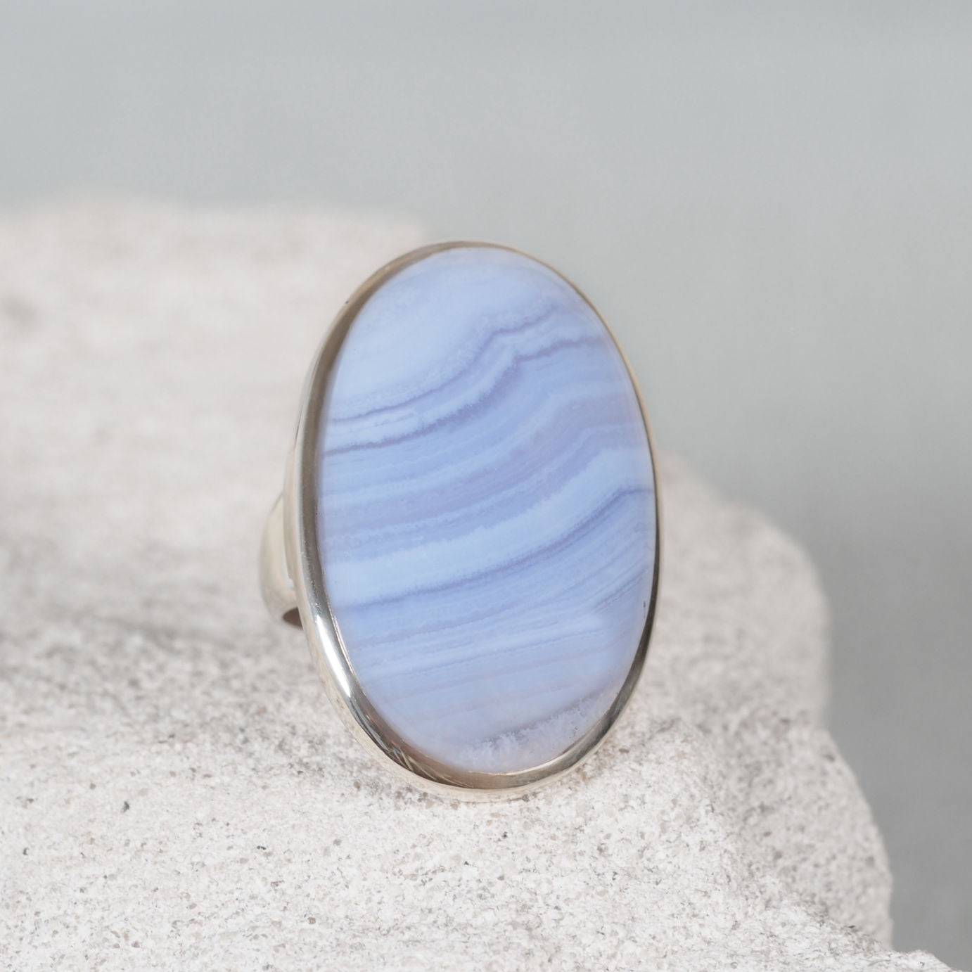 Blue Lace Agate Silver Ring with soft pale blue tones