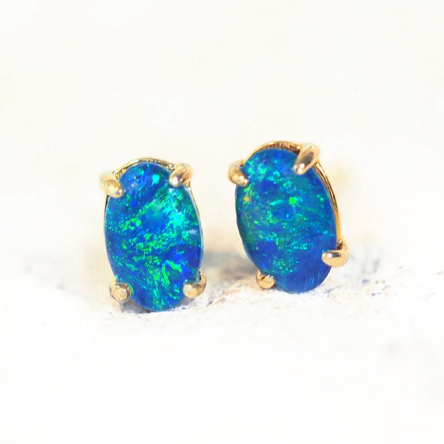 blue and green triplet opal earrings