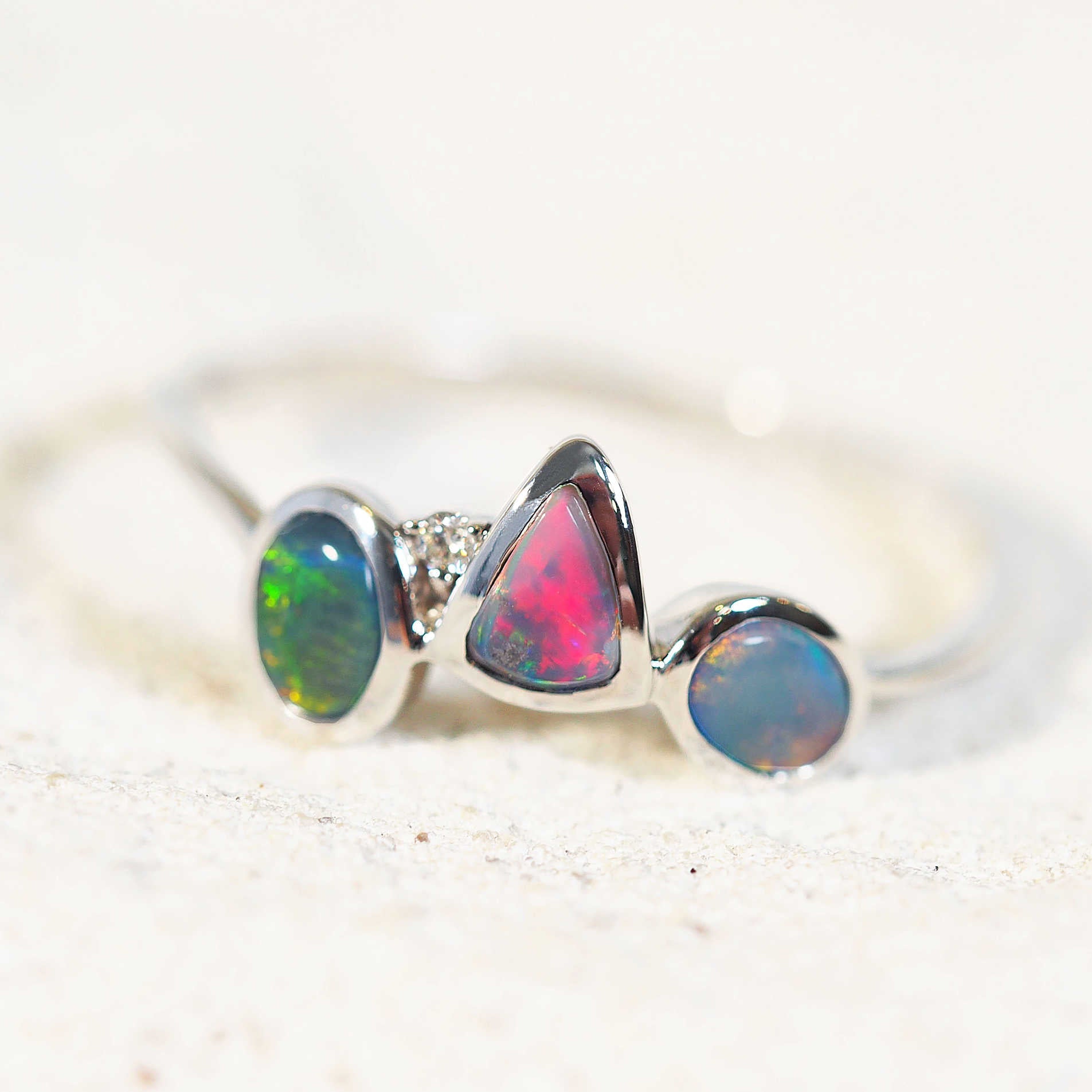 red opal from lightning ridge set in a white gold ring