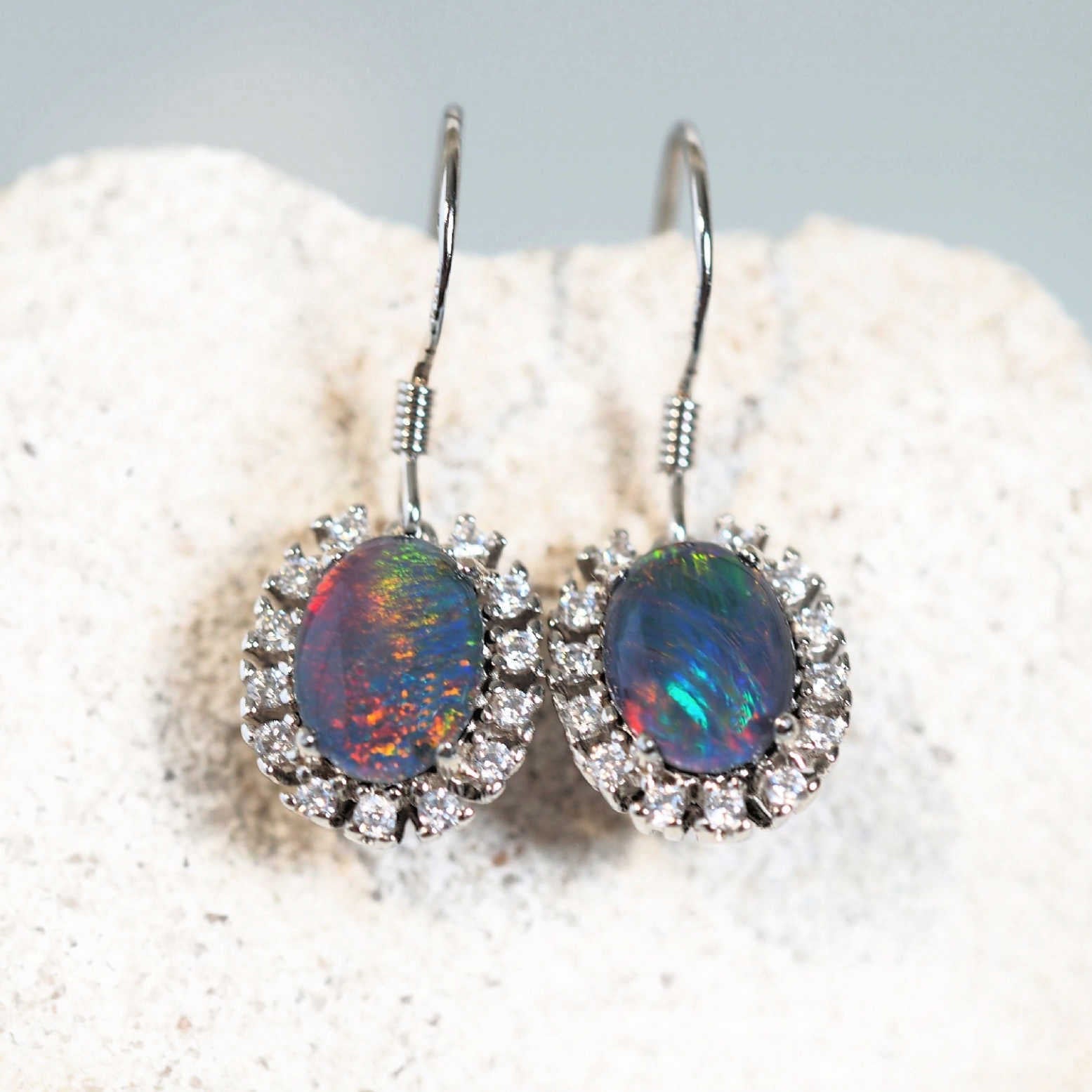 colourful opal earrings in silver with diamantes