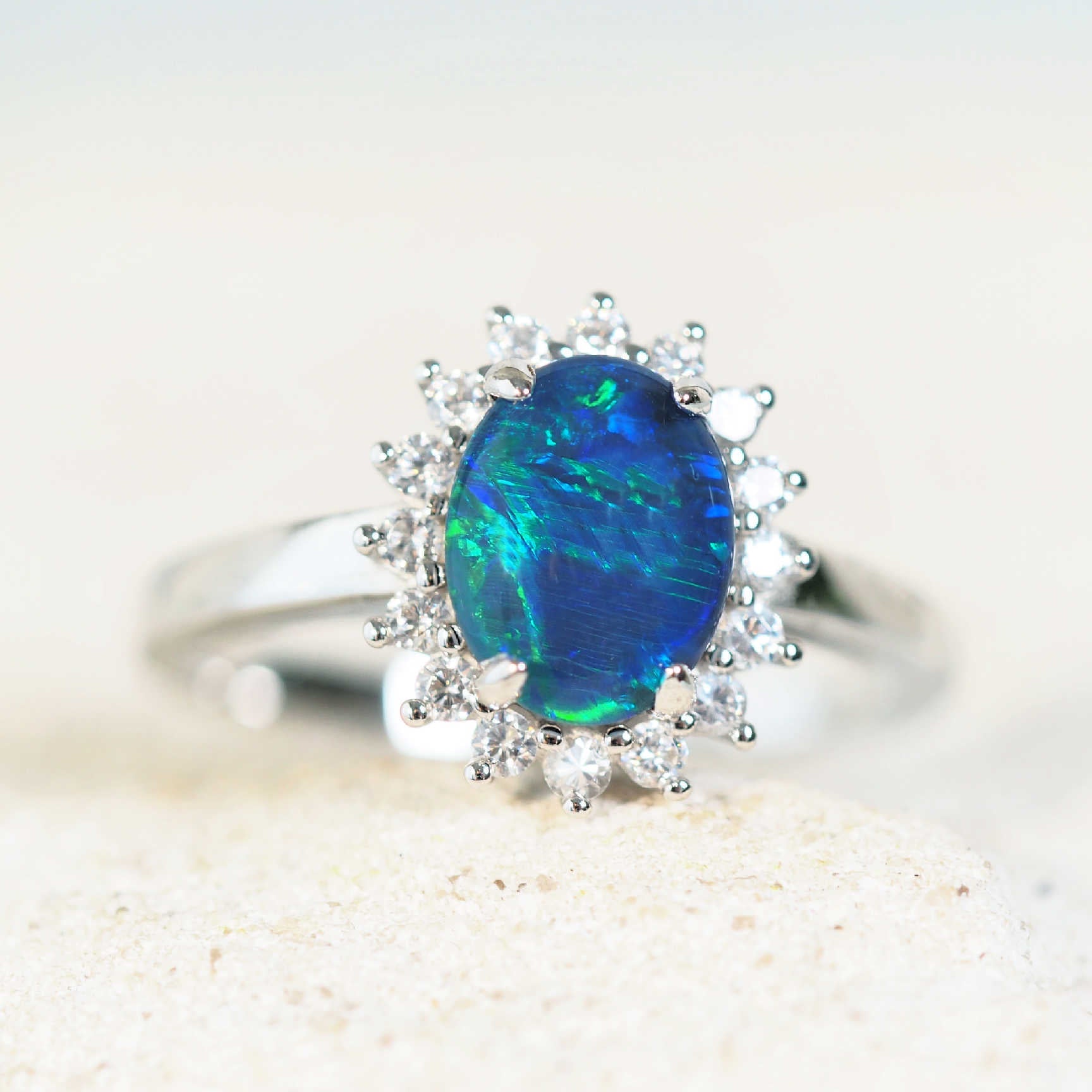 blue and green princess opal ring in sterling silver