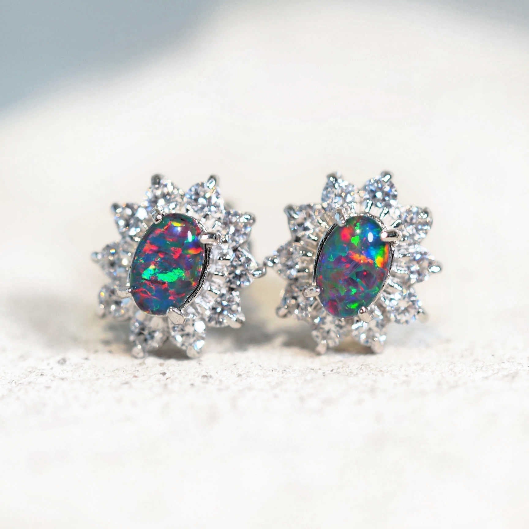 colourful silver princess design opal earrings