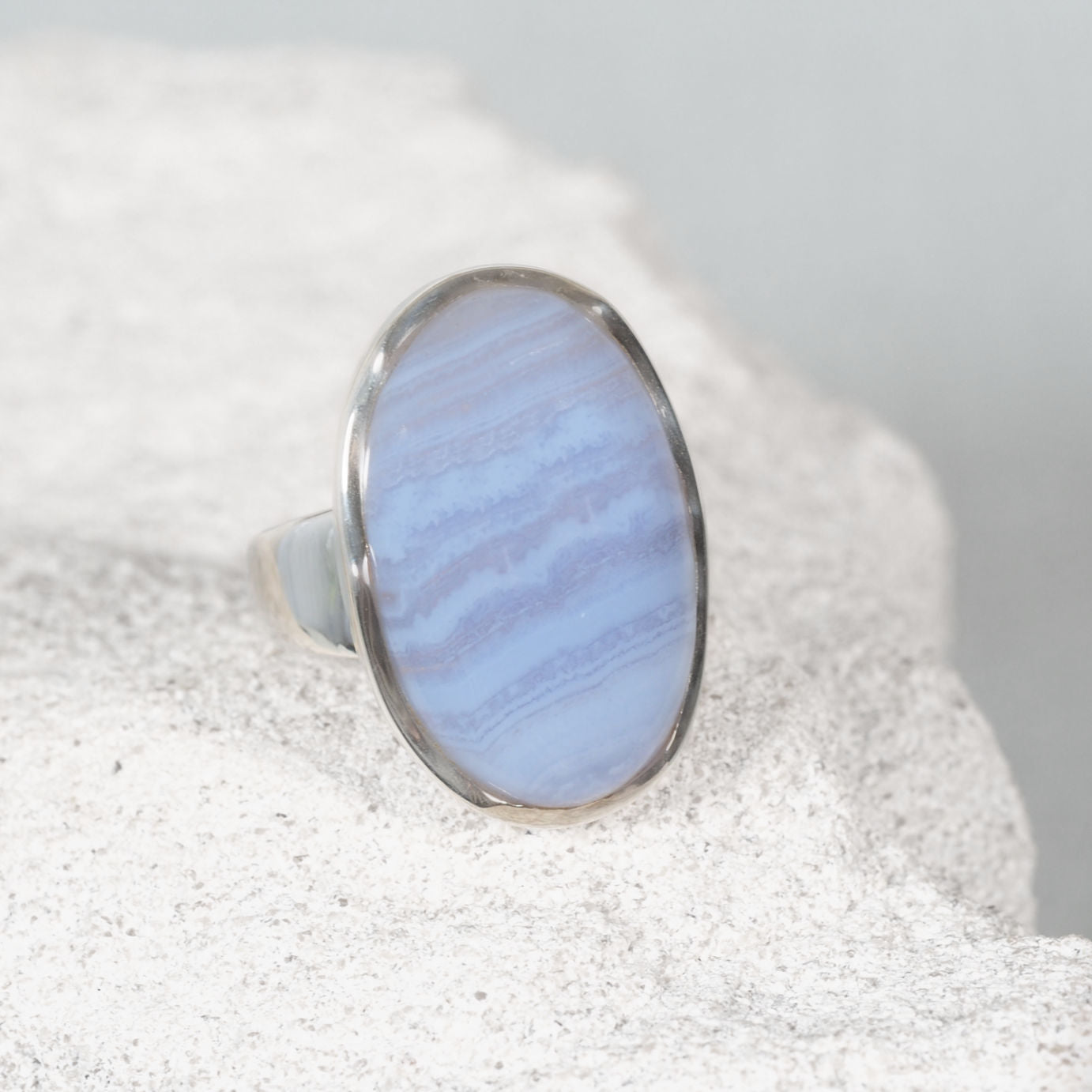 Blue Lace Agate ring set in a silver bezel, displaying unique pattern