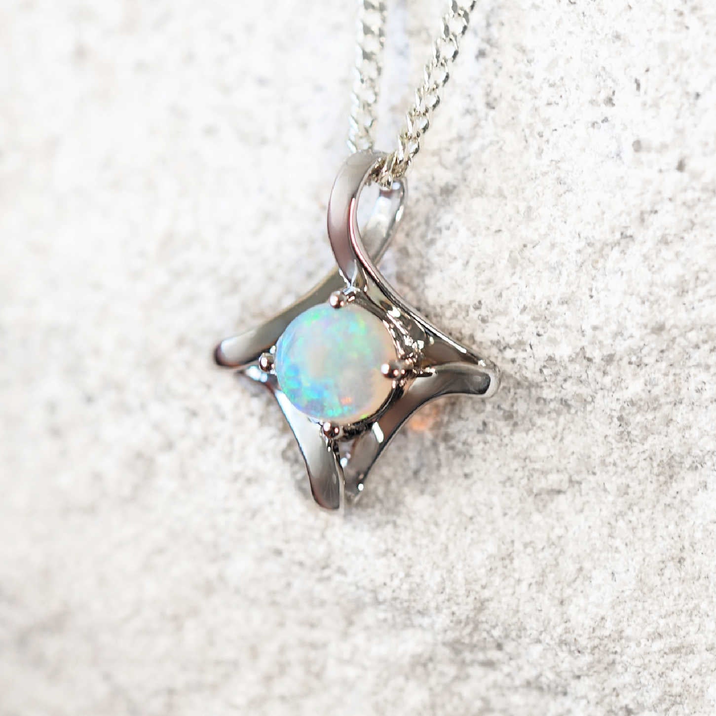 ‘Sade’ 9ct white gold opal pendant with round South Australian crystal opal in vivid green and blue