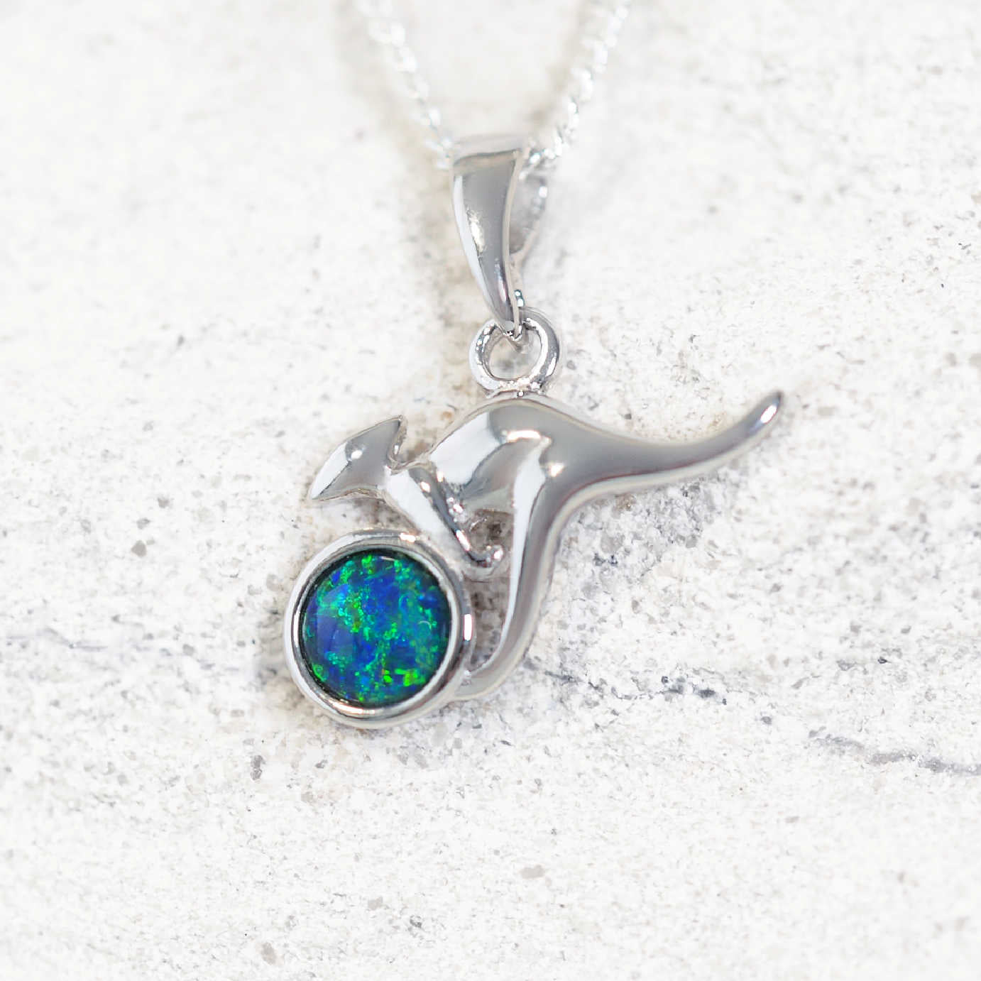 ‘Skippy Blue’ sterling silver kangaroo pendant with bezel-set blue and green round Australian triplet opal