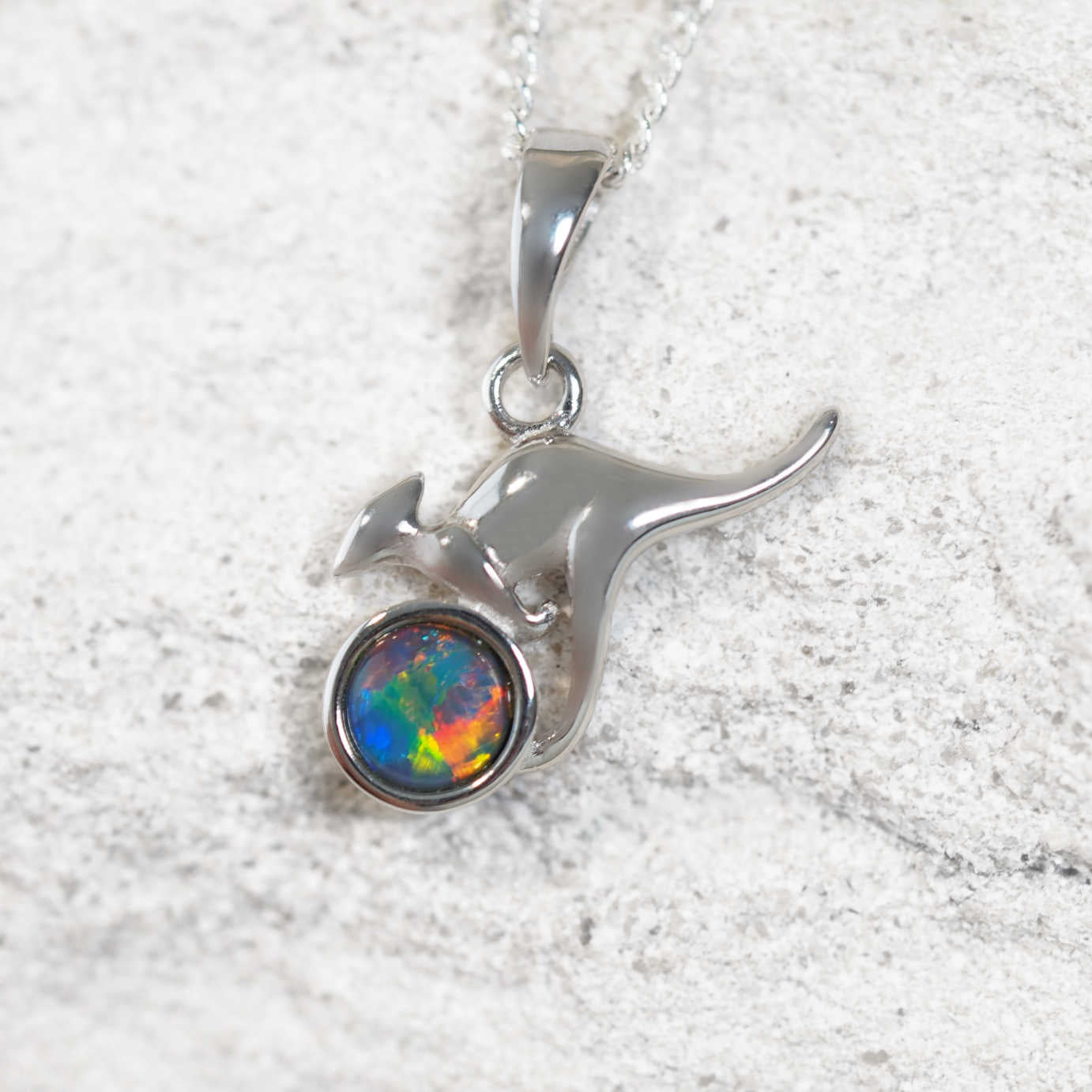 ‘Skippy’ sterling silver kangaroo opal pendant with round multi-coloured Australian triplet opal