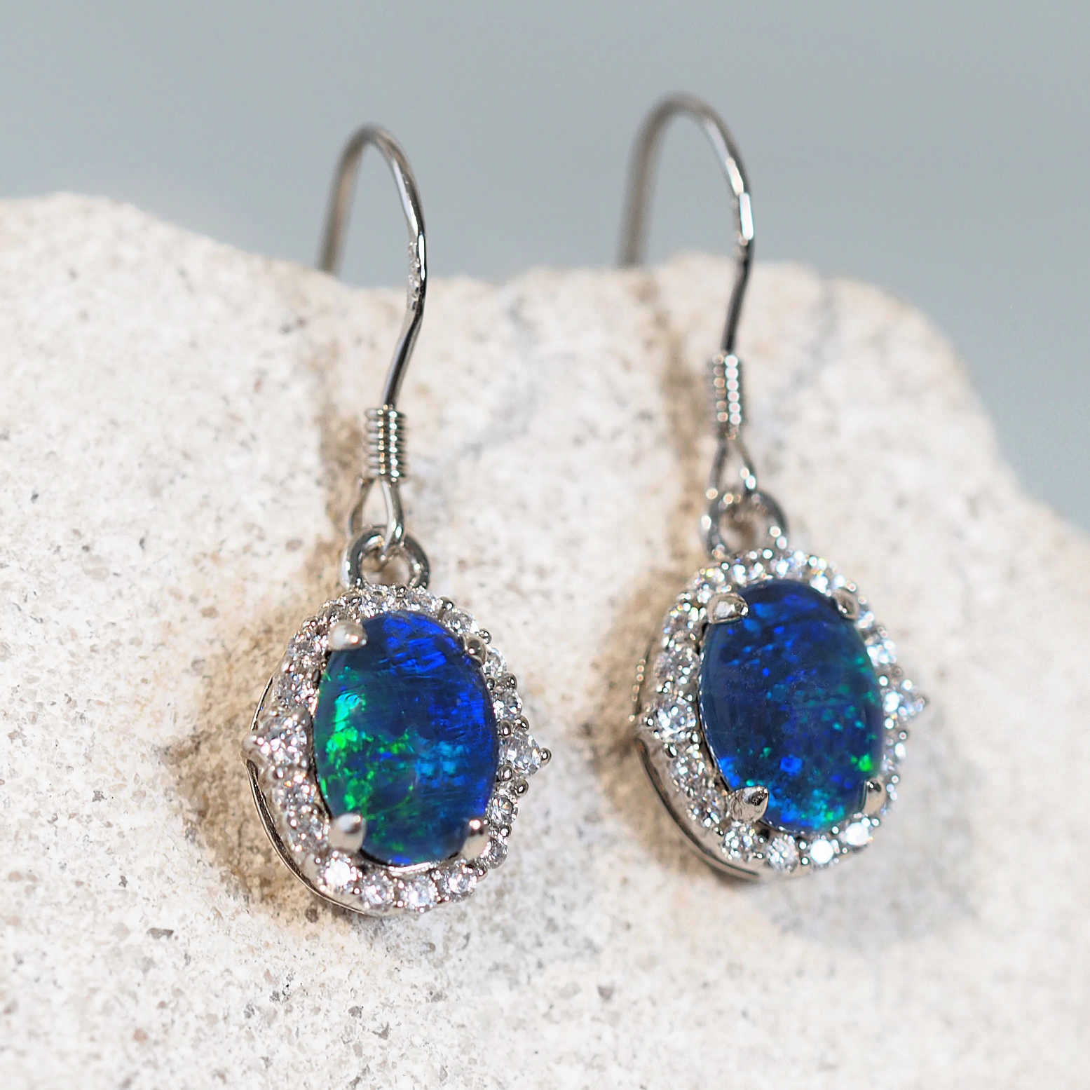 blue and green opal earrings with diamantes