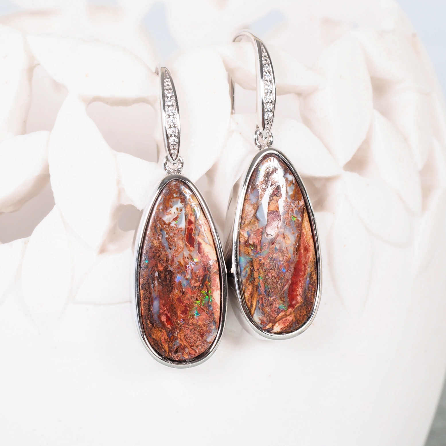 Handcrafted opal earrings featuring Australian Queensland boulder opal with vivid hues