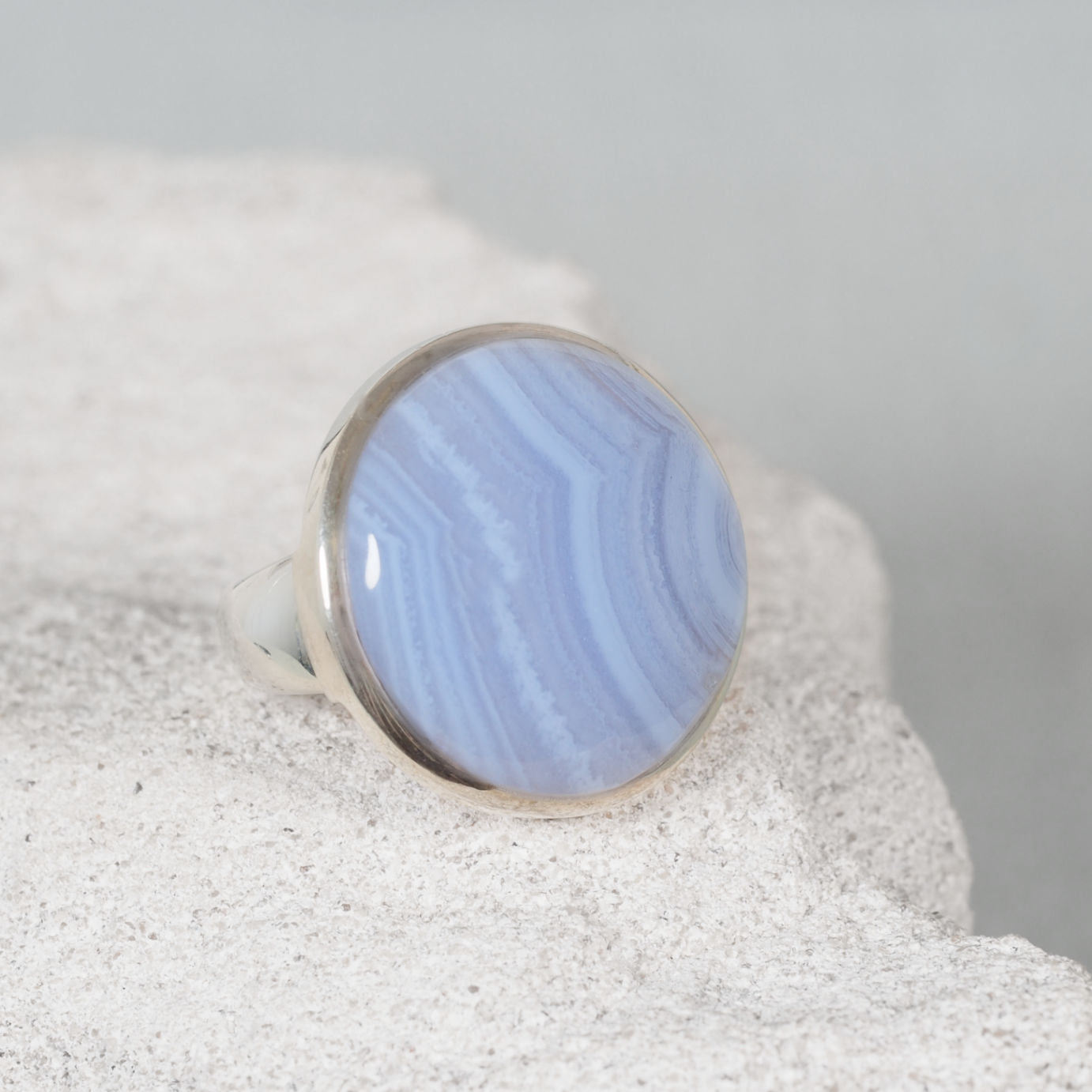 Silver blue lace agate Gemstone ring with a Silver frame