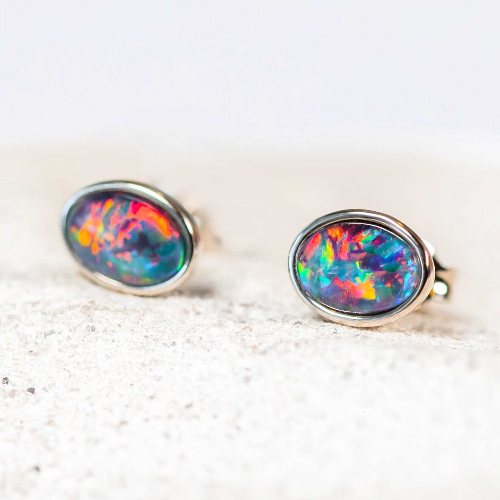 bezel set triplet opal silver stud earrings 