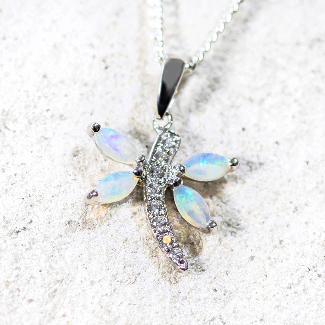 blue opal dragonfly pendant set in sterling silver with diamantes