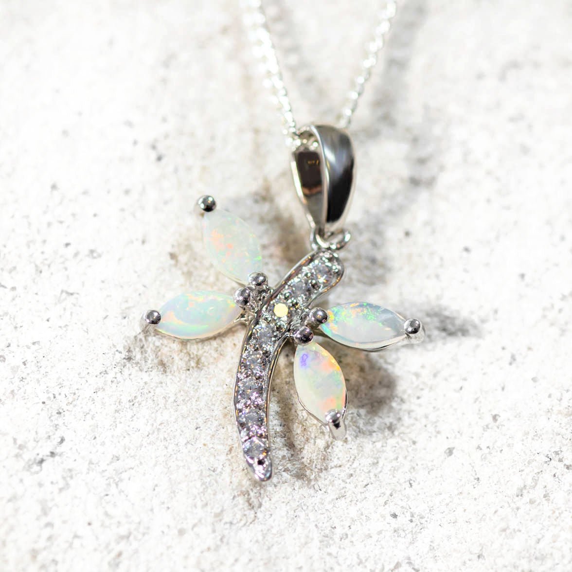 dragonfly design opal pendant in sterling silver