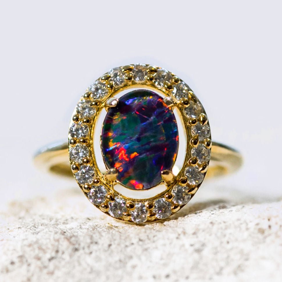 diamantes and opal ring in gold plated silver