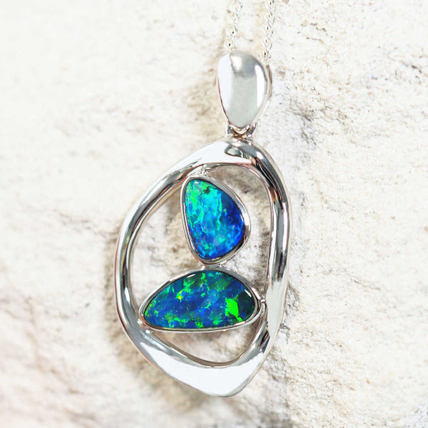 blue and green doublet opal silver necklace