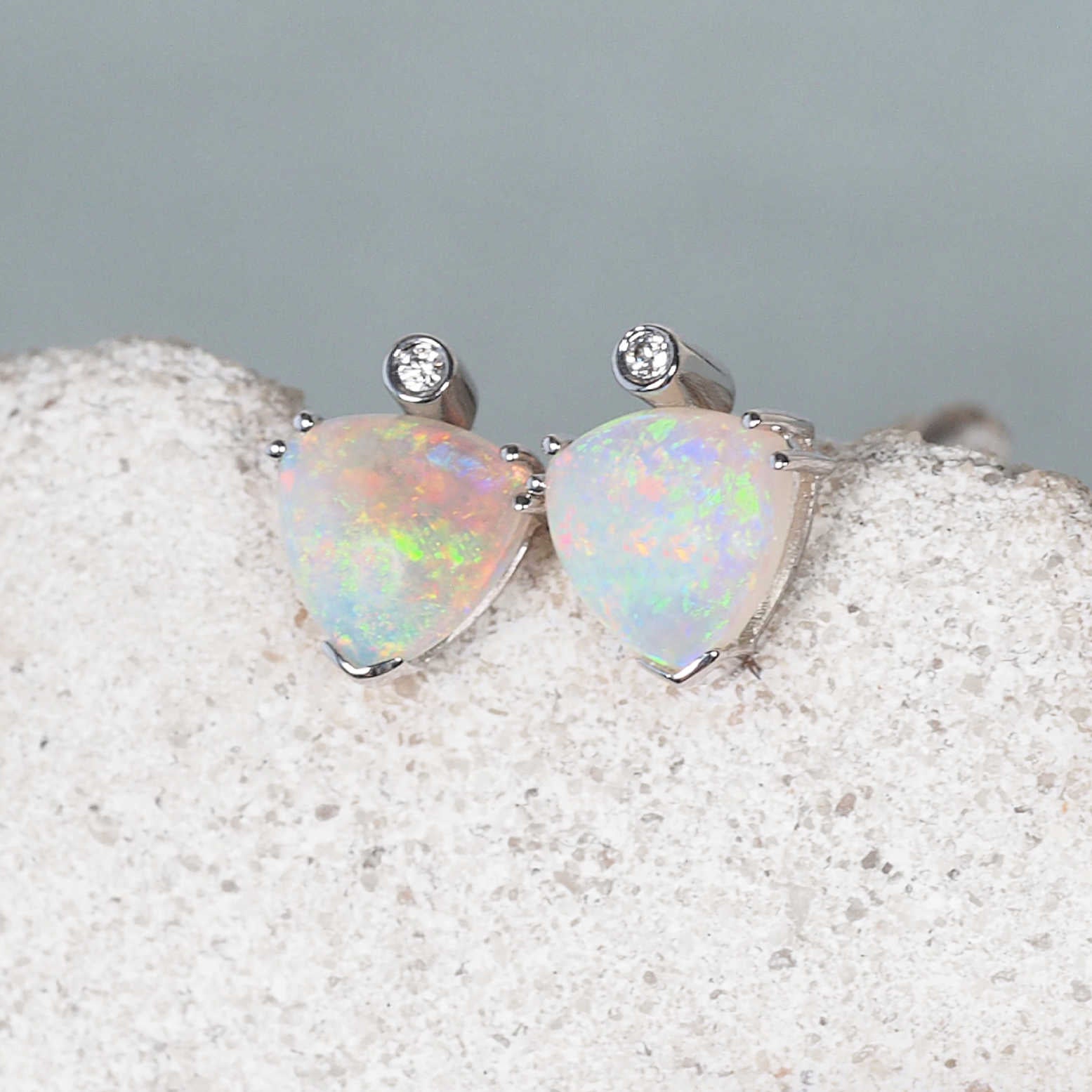 Triana stud earrings with triangular Australian crystal opals and white diamonds in 14ct white gold