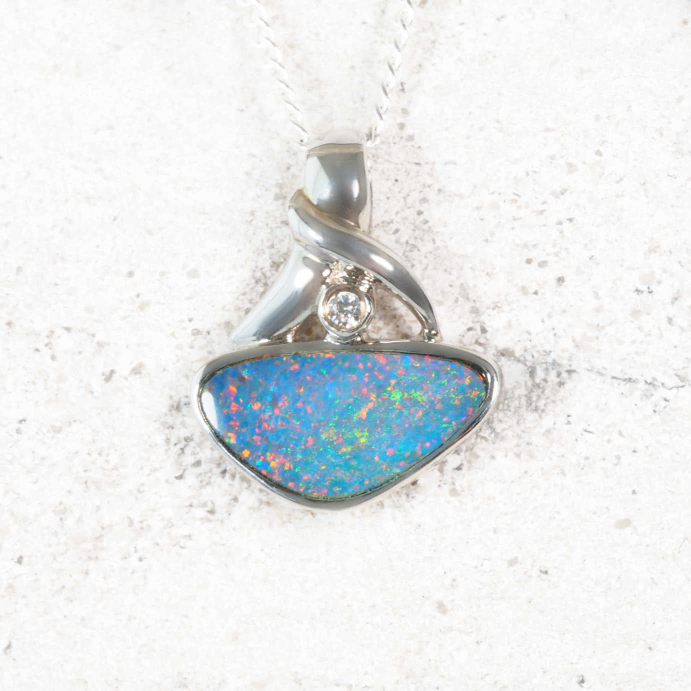 ‘Zaria’ sterling silver opal pendant with triangular Australian doublet opal and crystal accent