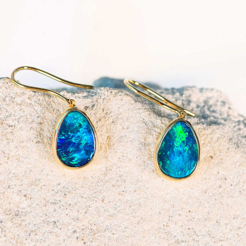 'Aarya' Gold Australian green and blue Doublet Opal Earrings 
