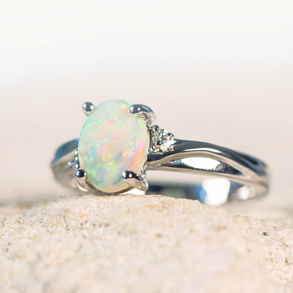 crystal opal white gold ring with diamonds