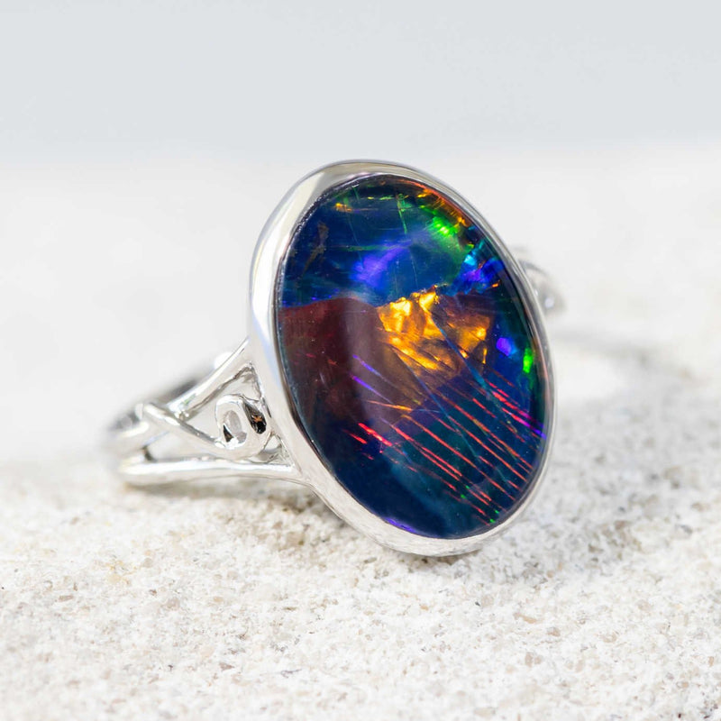 White gold Australian opal ring set with a beautiful triplet opal 
