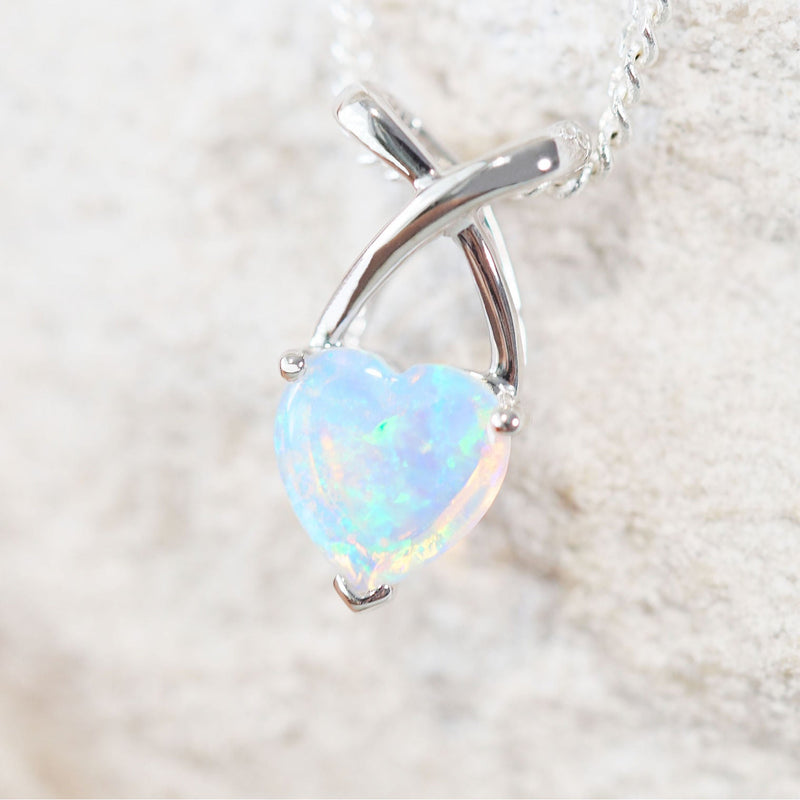 blue and green crystal opal heart shaped white gold pendant
