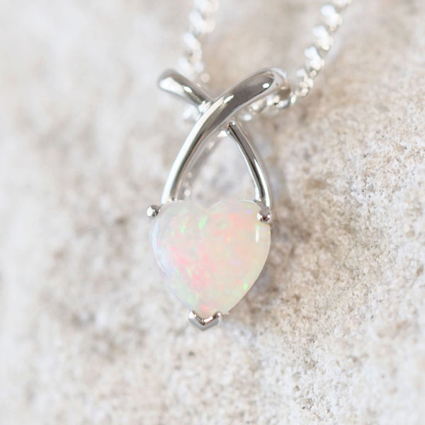 multi-colour white opal white gold heart necklace
