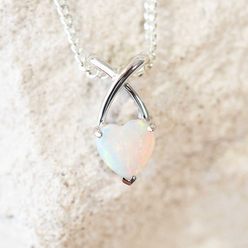 colourful heart shaped crystal opal white gold pendant