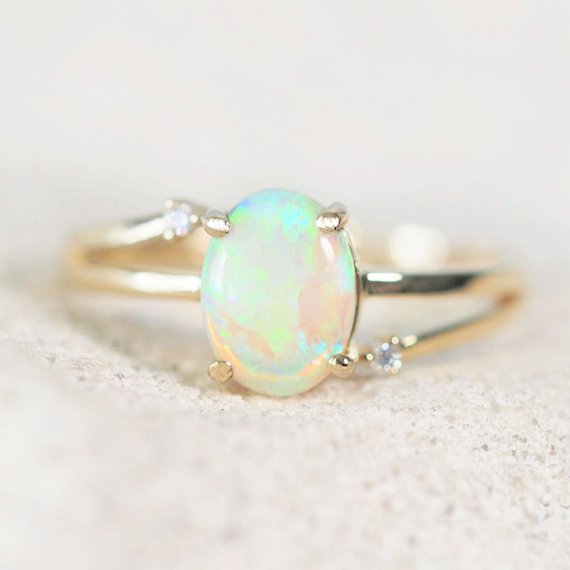 14ct gold australian crystal opal ring set with two diamonds