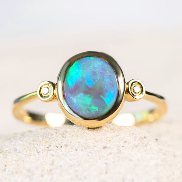 'Aiko' Gold Australian Crystal Opal Ring set with a blue and green crystal opal- Black Star Opal