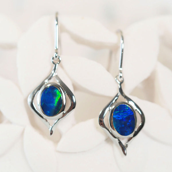 blue and green oval australian opal earrings set in sterling silver