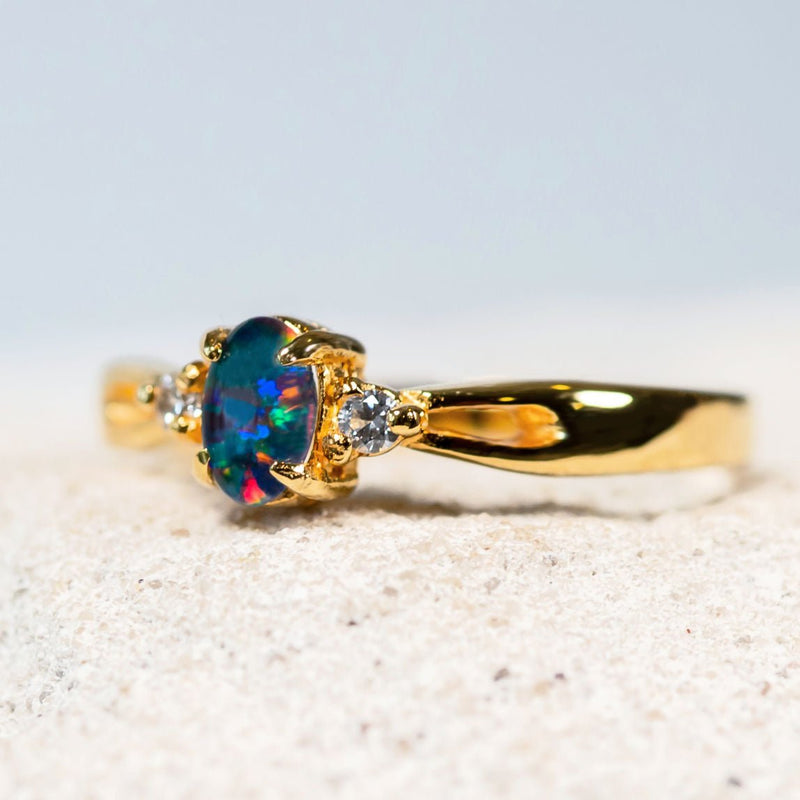 'Alana' Gold Plated Silver Australian Triplet Opal Ring - Black Star Opal