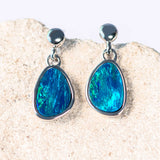 green and blue freeform shaped doublet opal silver earrings
