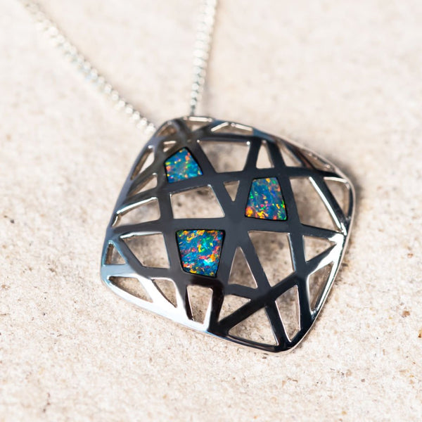 'Alani' Silver Australian Doublet Opal Necklace Pendant - Black Star Opal