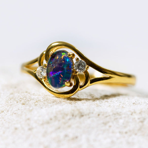 'Alenka' Gold Plated Silver Australian Triplet Opal Ring - Black Star Opal