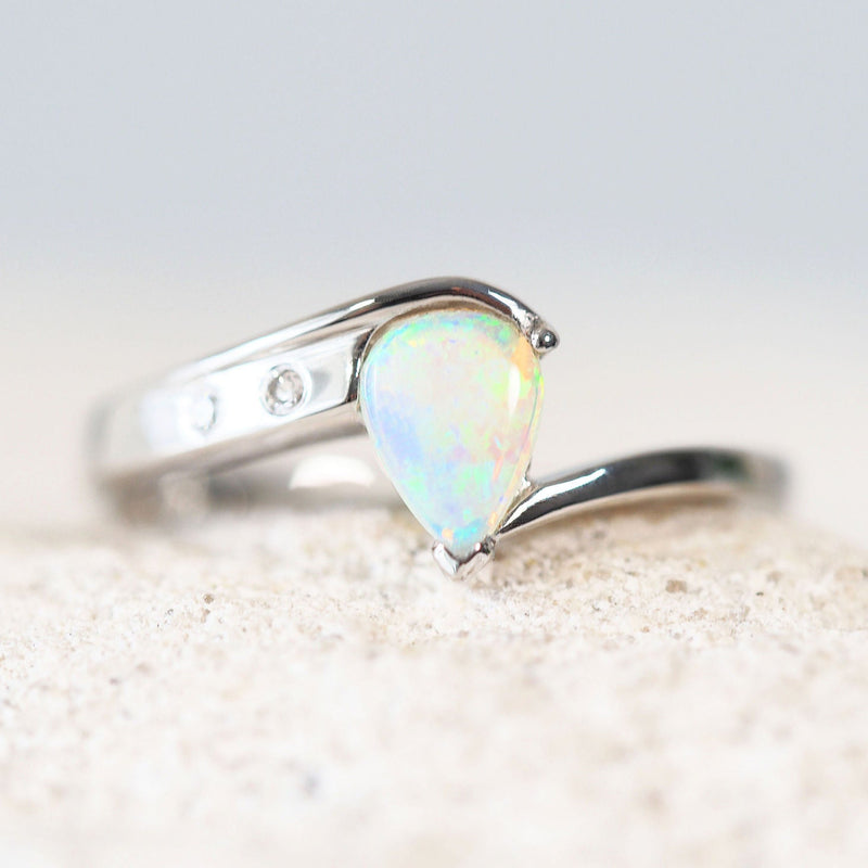 White gold blue and green crystal opal ring 