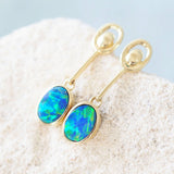bright green and blue drop opal gold earrings