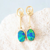 green and blue doublet opal earrings set in 14ct gold