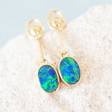 blue and green oval doublet opal gold earrings