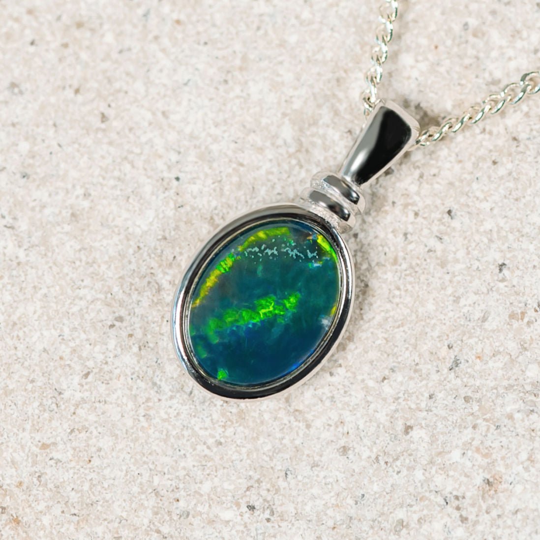 'Alice' Silver Australian Triplet Opal Necklace Pendant - Black Star Opal