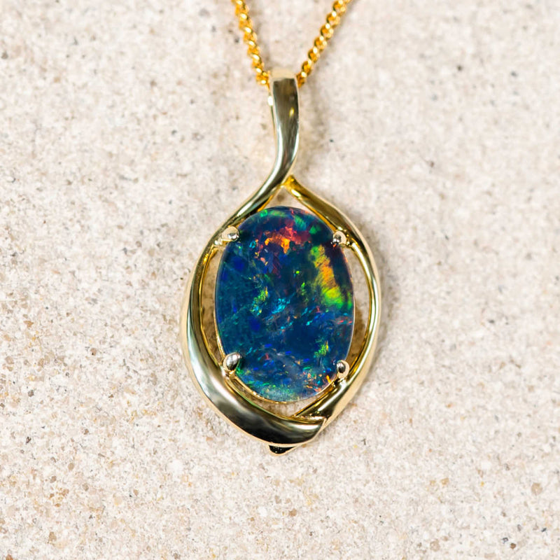 'Alika' Gold Plated Silver Australian Triplet Opal Necklace Pendant - Black Star Opal