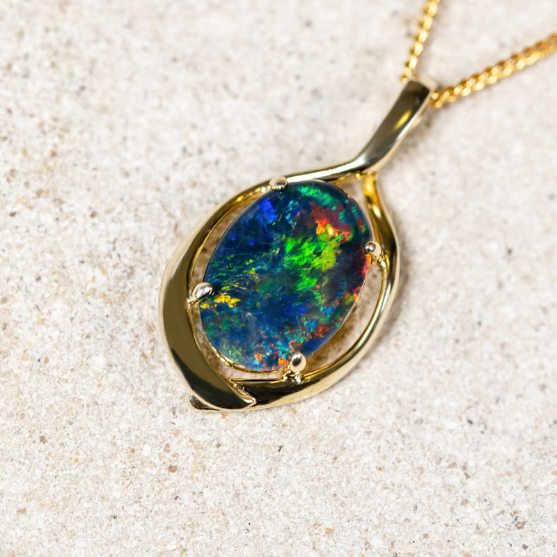 'Alika' Gold Plated Silver Australian Triplet Opal Necklace Pendant - Black Star Opal