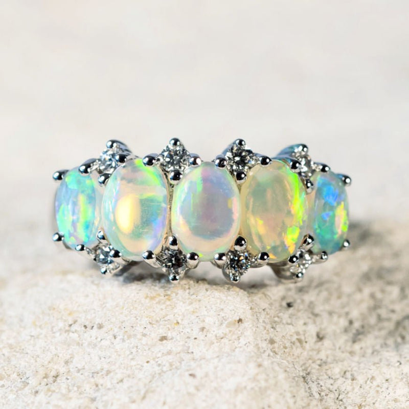 'Aline' White Gold Australian Crystal Opal Ring - Black Star Opal