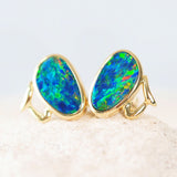 green and blue doublet opal earrings set in 18ct yellow gold