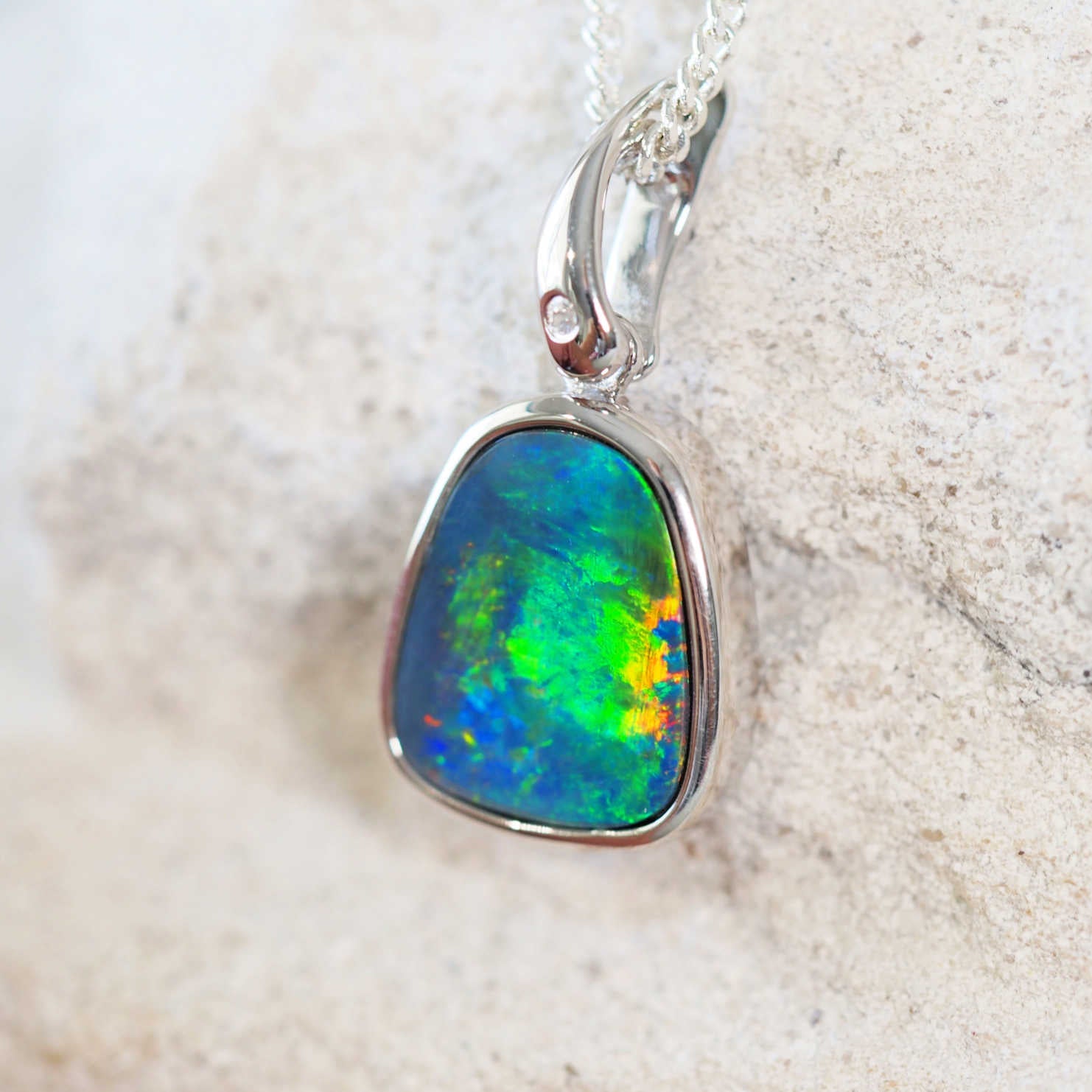 green and blue doublet opal silver pendant