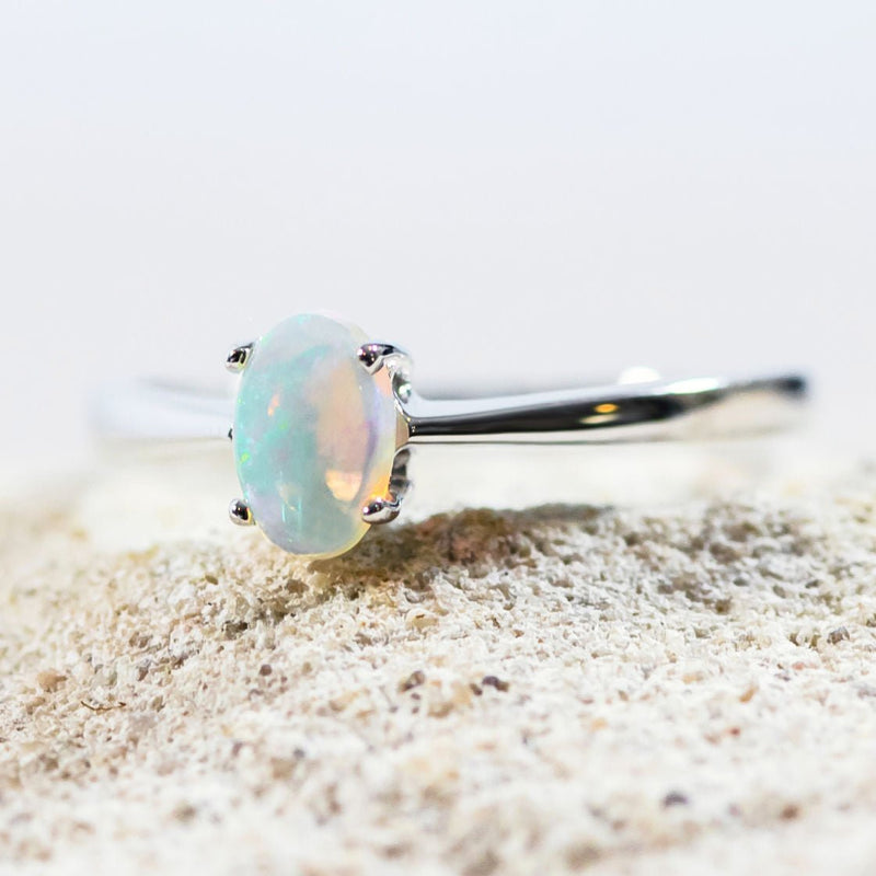 'Alma' White Gold Australian Crystal Opal Ring - Black Star Opal