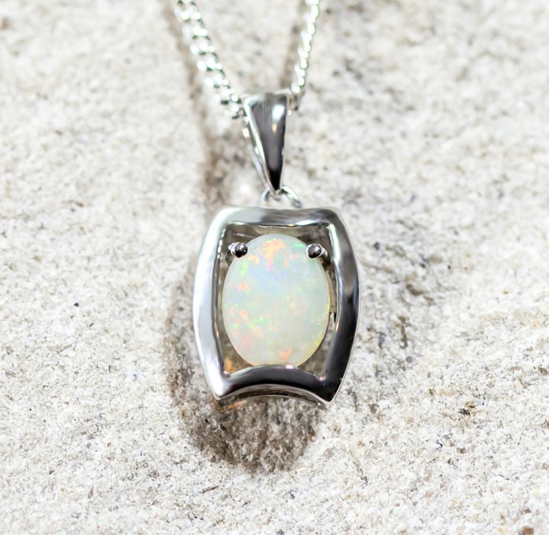 'Alora' Silver Australian White Opal Necklace Pendant - Black Star Opal