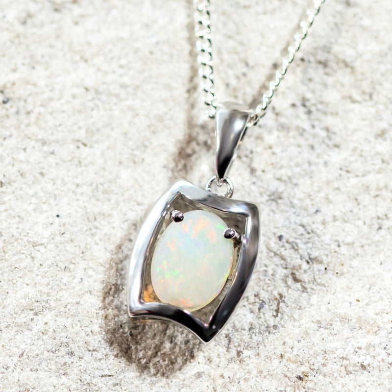 'Alora' Silver Australian White Opal Necklace Pendant - Black Star Opal