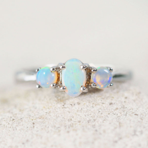 trio of blue and green crystal opal silver ring