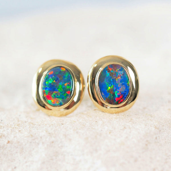 colourful gold opal earrings set with australian doublets